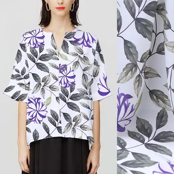 

114CM Wide 14MM Gray Purple Leaves Print Thin Silk Crepe De Chine Fabric for Summer Dress Shirt Cheongsam Pants Pajamas B143