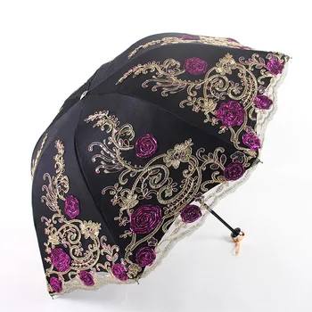 

Luxury Lace Double-layer Embroidery Umbrella Rain Woman 2018 New Black Rubber Anti-UV Three-folding Sunny Female Umbrellas