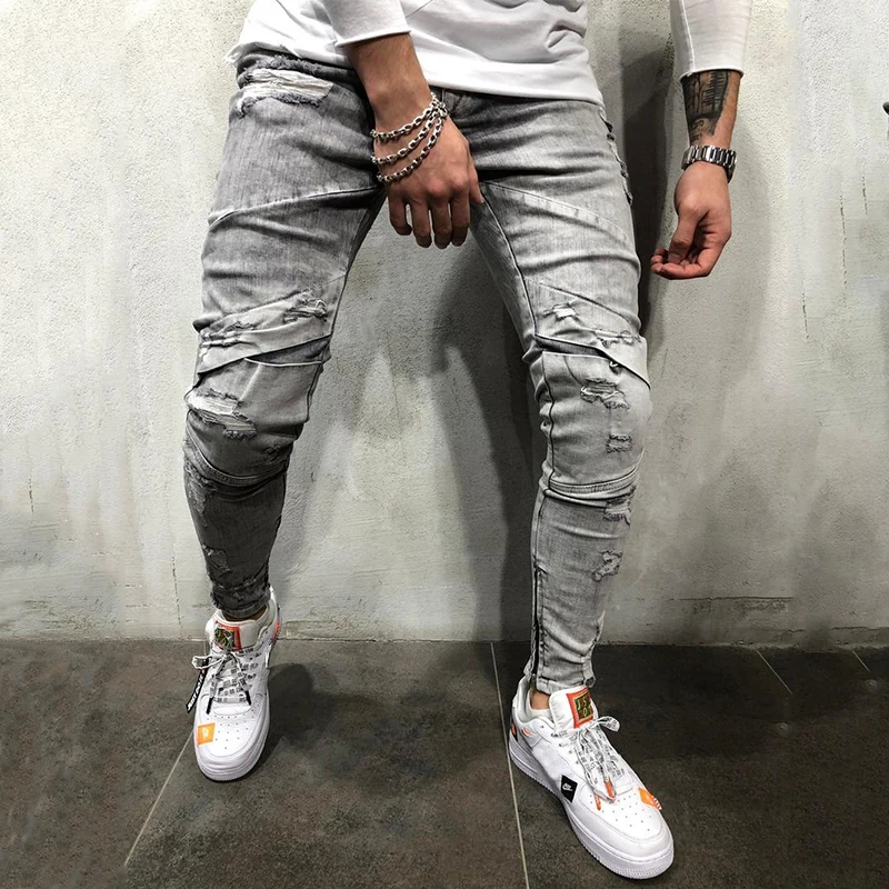 

2019 New Men'S European Code Multi-Process Washed Denim Gray Trousers Hole Jeans