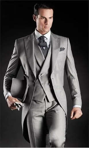 Morning Style Groom Tuxedo Light Grey Groomsmen Peak Lapel Wedding/Dinner Suits Best Man Bridegroom (Jacket+Pants+Tie+Vest)B309 | Мужская