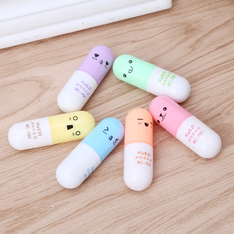 6PCS/Set 6 Colors Mini Pill Shaped Highlighter Pens for Cute Smiling Face Graffiti Highlighter Korean Stationery