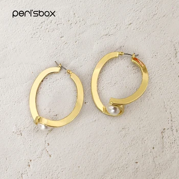 

Peri'sBox 2019 New Gold Big Hoop Earrings with Pearls Brass Earrings Hoops Geometrical Irregular Earrings for Women