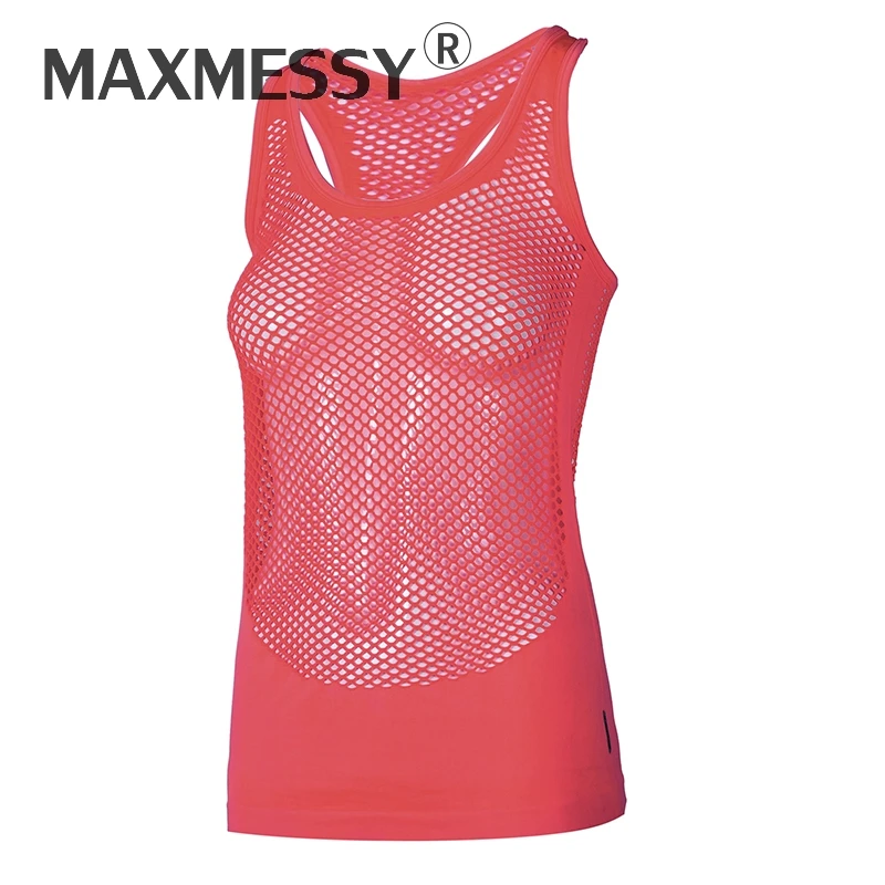 Maxmessy Fitness Tank Top women running vest Tight Yoga Sports Sleeveless Shirt Mesh Hollow