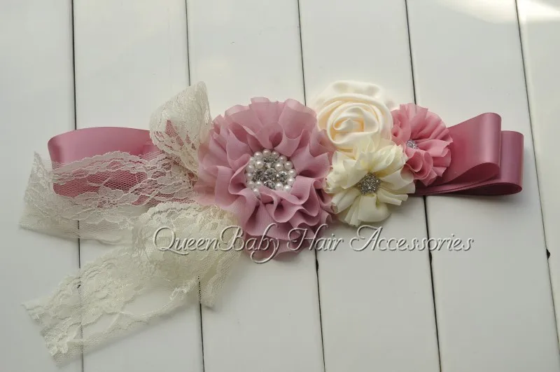 

10pcs/lot Mauve Chiffon Flower Sash Satin Flower Sash Belt Maternity Sash