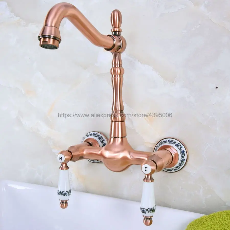 

Antique Red Copper Wall Mounted Swivel Spout Bathroom Sink Faucet Double Handle Mixer Tap Wall Mounted Bnf953