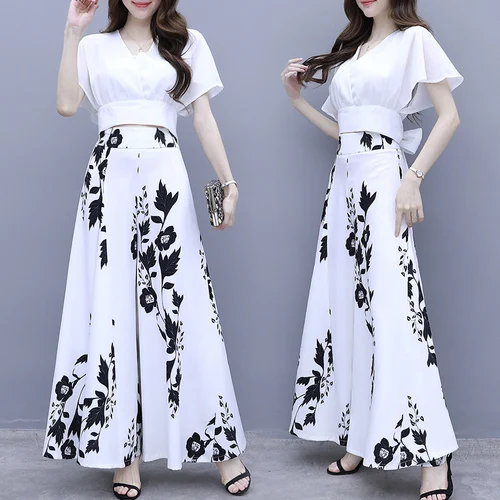 Zomer Nieuwe Losse Wijde Pijpen Broek Witte Chiffon Blouse Hoge Taille Boog Broek Printing V-hals Pak Vrouwen Mode 2 stuk Sets Zomer Nieuwe Losse Wijde Pijpen Broek Witte Chiffon Blouse Hoge Taille Boog Broek Printing V-hals Pak Vrouwen Mode 2 stuk Sets