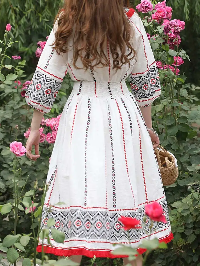 KHALEE YOSE White Embroidery Midi Dress Autumn Long Dresses Womens Puff Sleeve Elastic Waist Boho Hippie Holiday Dress Female