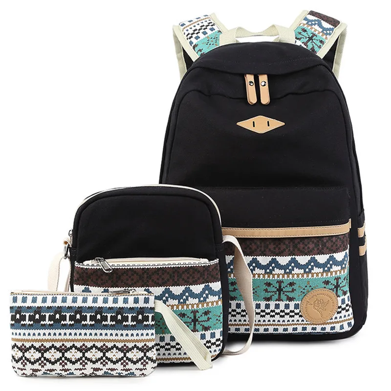 Ранец, школьные сумки, 3 комплекта/шт., школьный ортопедический рюкзак с винтажным принтом для детей, школьная сумка для девочек, дорожные сумки, mochilas - Цвет: black