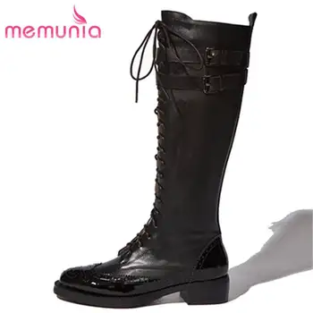 

MEMUNIA 2020 NEW fashion genuine leather+quality PU knee high boots women zip lace up buckle square med heel boots casual shoes