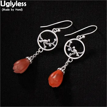 

Uglyless 100% Real 925 Sterling Silver Birds Earrings for Women Natural Agate Magnolia Earrings Ethnic Floral Fine Jewelry Gems