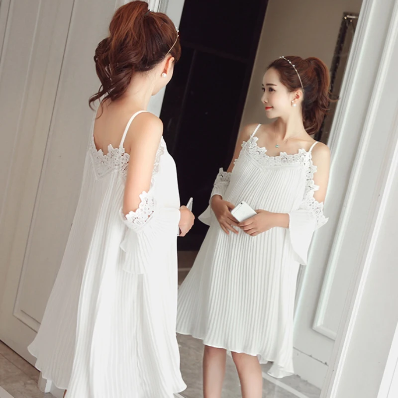 Summer Pregnant Women Pleated Chiffon Dress Spaghetti Strap Off Shoulder Pregnancy Dress Loose Plus Size Maternity Dresses M-XL  (4)