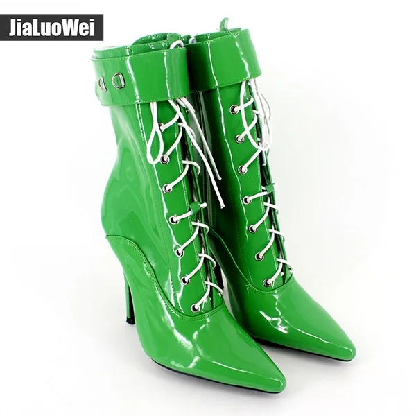 Jialuowei/пикантные женские туфли на высоком каблуке 12 см, 5 дюймов, с острым носком, на шпильке Ботильоны на шнуровке с замком, размеры 36-46 - Цвет: Green shiny