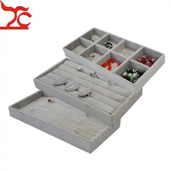 

Popular Grey Velvet 11*22cm Jewelry Display Tray Kit 3Pcs Bead Ring Earring/Necklace Storage Organizer Box Portable Jewelry Tray