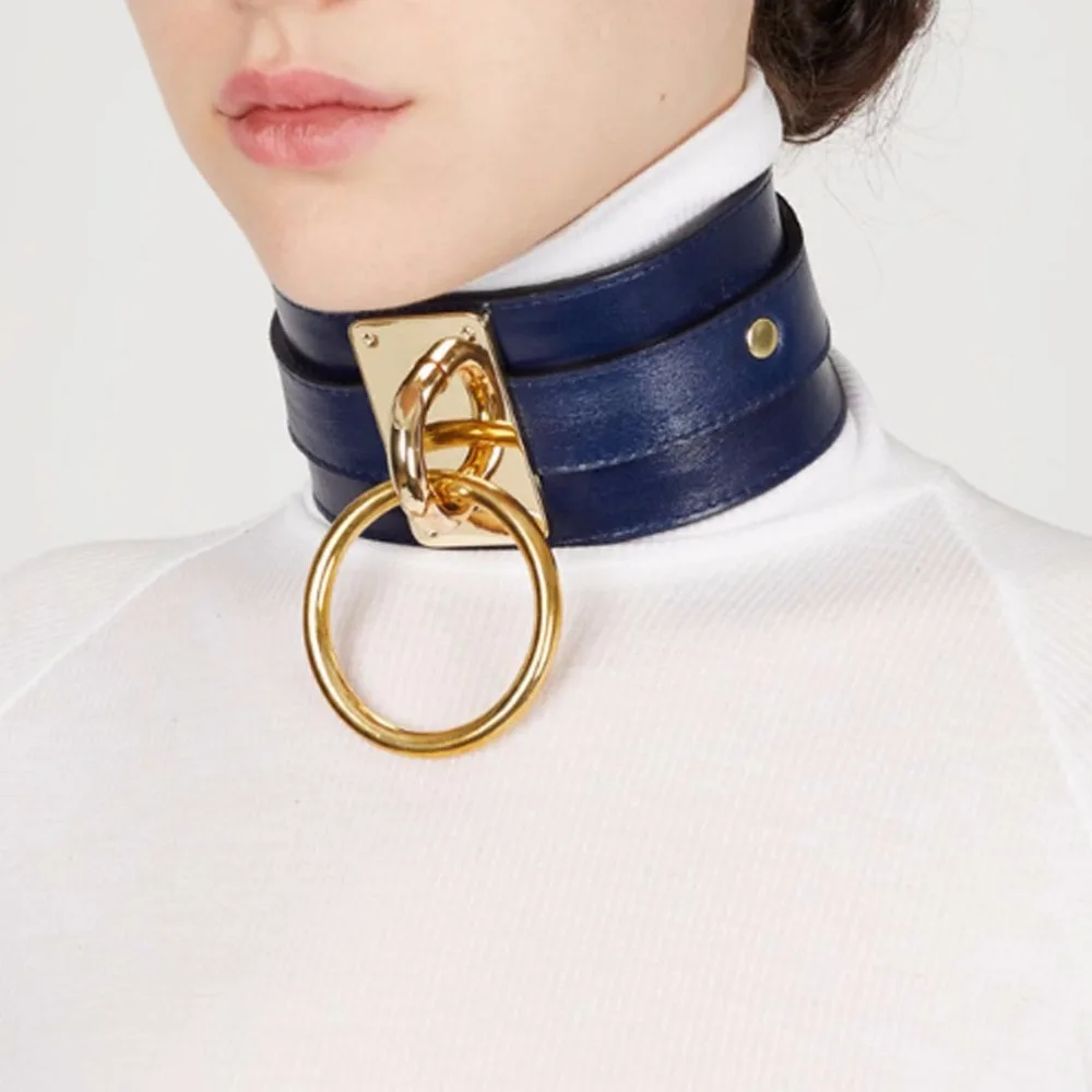 KMVEXO Women Men Cool 100 Handmade Oversized Choker Necklace Fetish O Round Metal Gold Leather Collar