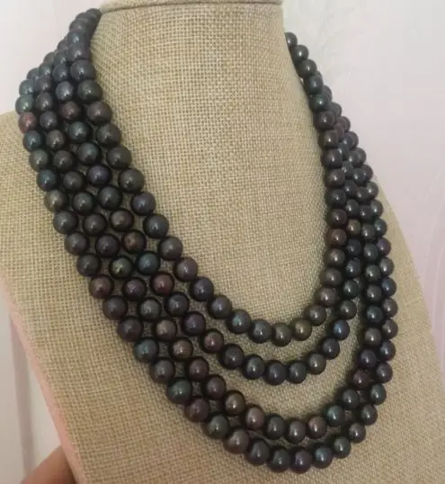 Stunning9-10mm tahitian черный зеленый roundpearl ожерелье 14 К/20