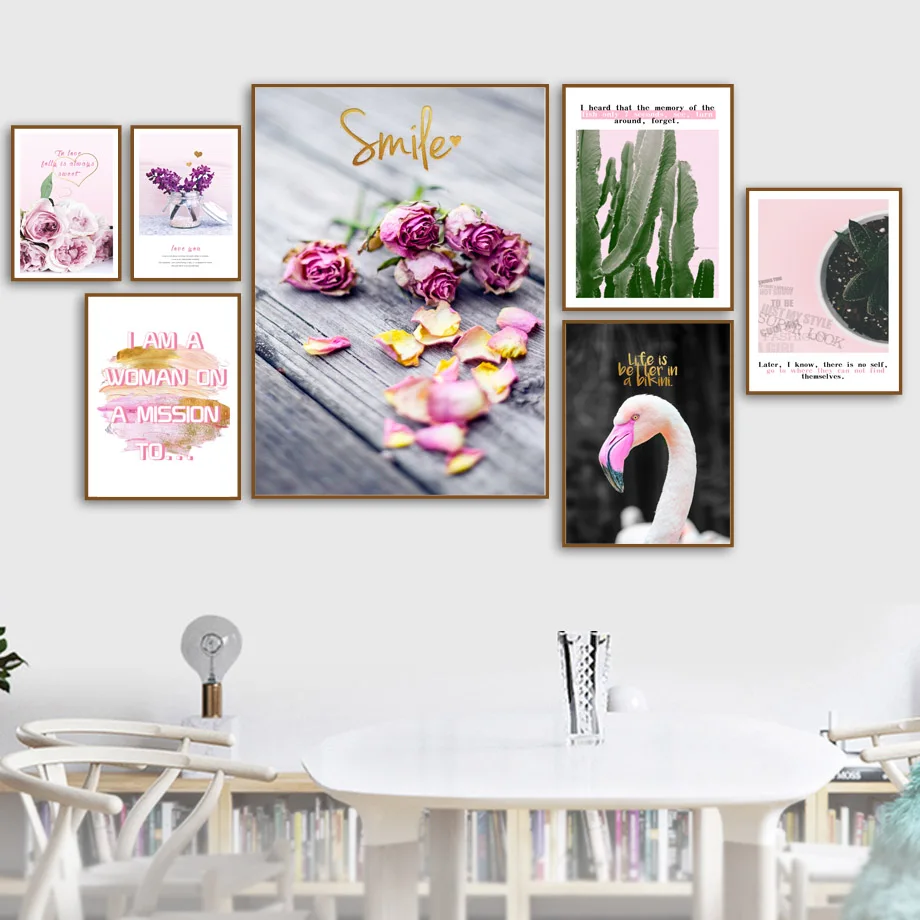 

Pink Rose Green Cactus Flamingo Landscape Wall Art Canvas Painting Nordic Posters And Prints Wall Pictures For Living Room Decor