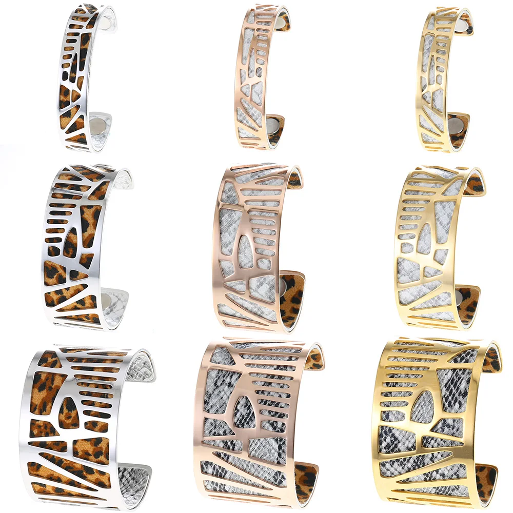 

Cremo Leopard Print Bangles For Women Stainless Steel Jewelry DIY Manchette Femme Argent Reversible Leather Bijoux Bracelet