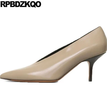 

Thin Pumps High Quality Designer Shoes Size 4 34 Heels Genuine Leather Ladies 3 Inch Winkle Picker Beige Suede Brand Pointed Toe