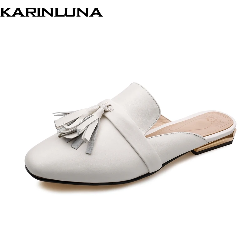 

KarinLuna 2018 Fashion Cow Leather Large Size 35-42 Brand New Fringe Woman Flats Mules Shoes Spring Casual Woman Shoes Woman