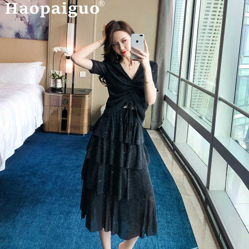 

Plus Size 2019 Summer Korean Style Casual Two Pieces Set Black Blouse and Cupcake Midi Dress Women 2 Pieces Set Elegant Suit Set