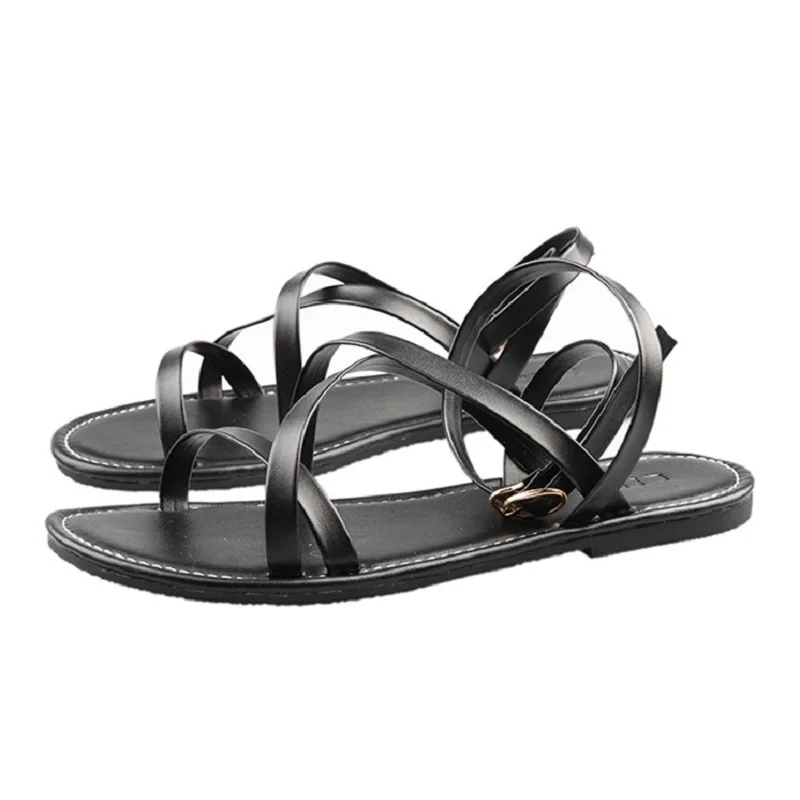 2019 summer new open toe flat bottom Roman buckle women's shoes