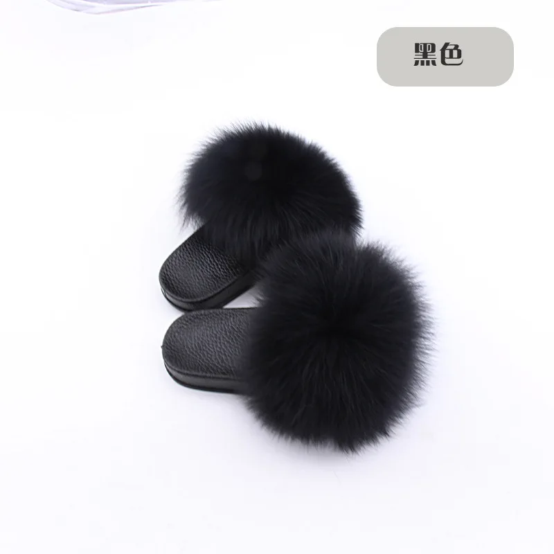 Wholesale Real Fox Slippers Kids Rainbow Neon Color Toldder Fur Child Home Slides Girls Raccoon Super Fluffy Cute Flat Summer