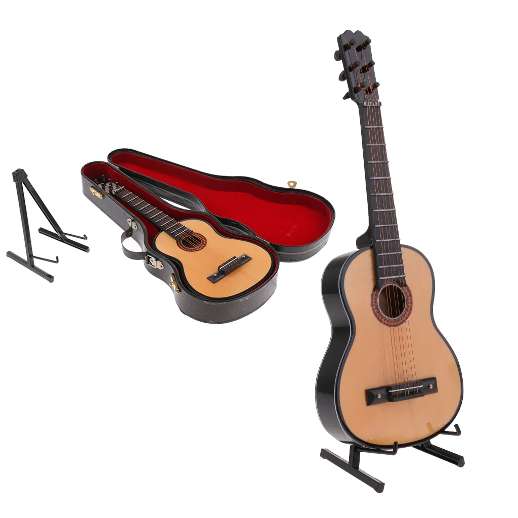 Mini 13cm Wooden Guitar Model PU Box Set For Action Figures Hot Toys Dolls House Miniature Decor