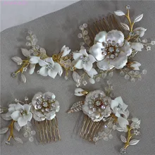 Jonnafe золотой цвет свадебная расческа для волос шпильки нежный фарфор цветок свадебный головной убор женские аксессуары для волос на выпускной вечер