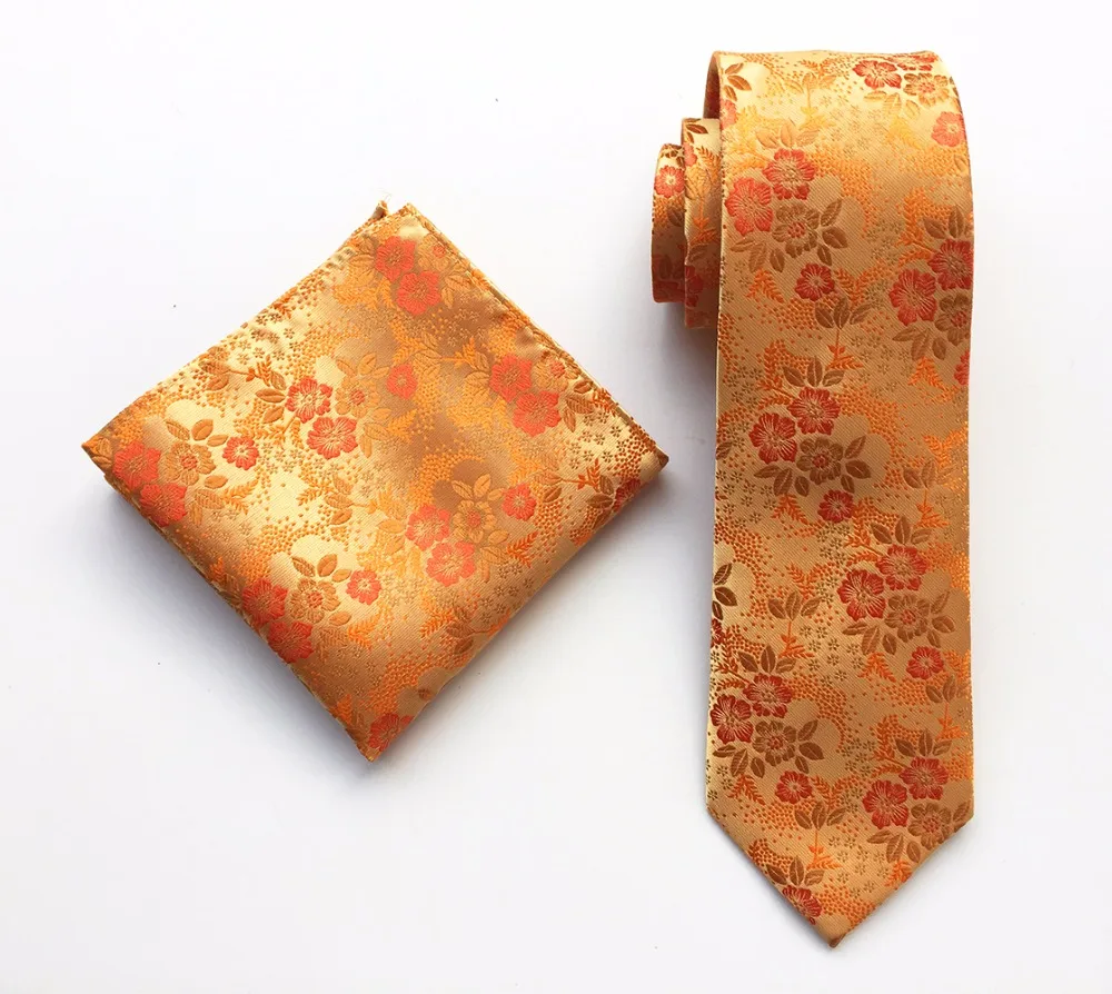 Elegant Men Luxury Handmade Necktie Set Gold Yellow Embroidered Floral