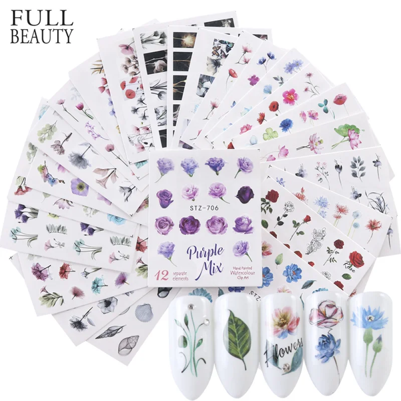 24pcs Watercolor Floral Flower Sticker Nail Decal Set Flamingo Letter Design Gel Manicure Decor Water Slider Foil CHSTZ683-706-1