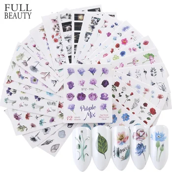 24pcs Watercolor Floral Flower Sticker Nail Decal Set Flamingo Letter Design Gel Manicure Decor Water Slider Foil CHSTZ683-706-1