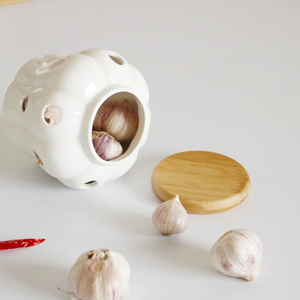 

Practical Round Ceramics Jars Household Kitchen Storage Container With Bamboo Lids For Sealing Garlic Ginger Kitchen Gadgets