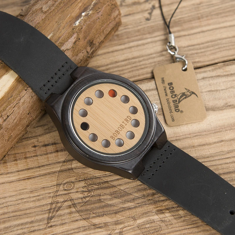 BOBO BIRD WB17 Mens Watches Top Brand Luxury Black Sandalwood Bamboo 12 Holes Dial Quartz Watches With Real Leather Band OEM