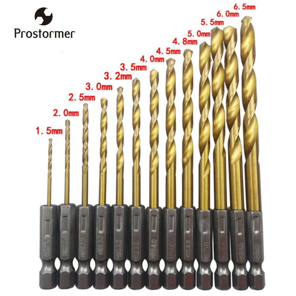

Prostormer 13PC HSS Drill Bit for Metal Titanium Coated Twist Drill Set with 1/4" Hex Shank 1.5-6.5mm Twist Drill Bits