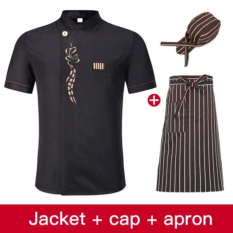 Chef Restaurant uniform Short Sleeve Hotel kitchen Work clothes Breathable Thin chef Jacket+ Hat+Apron set M-4XL Unisex shirts - Color: jacket cap apron