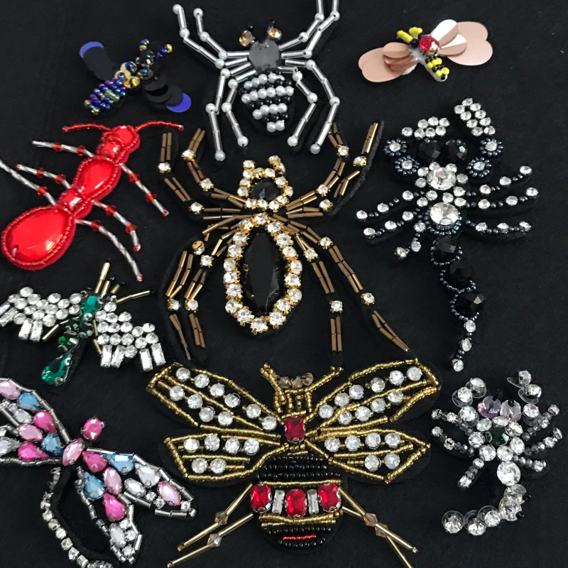 

3D Handmade Rhinestone beades Patches Bee Spider Sewing on Crystal patch for clothing beading Applique patch RP18