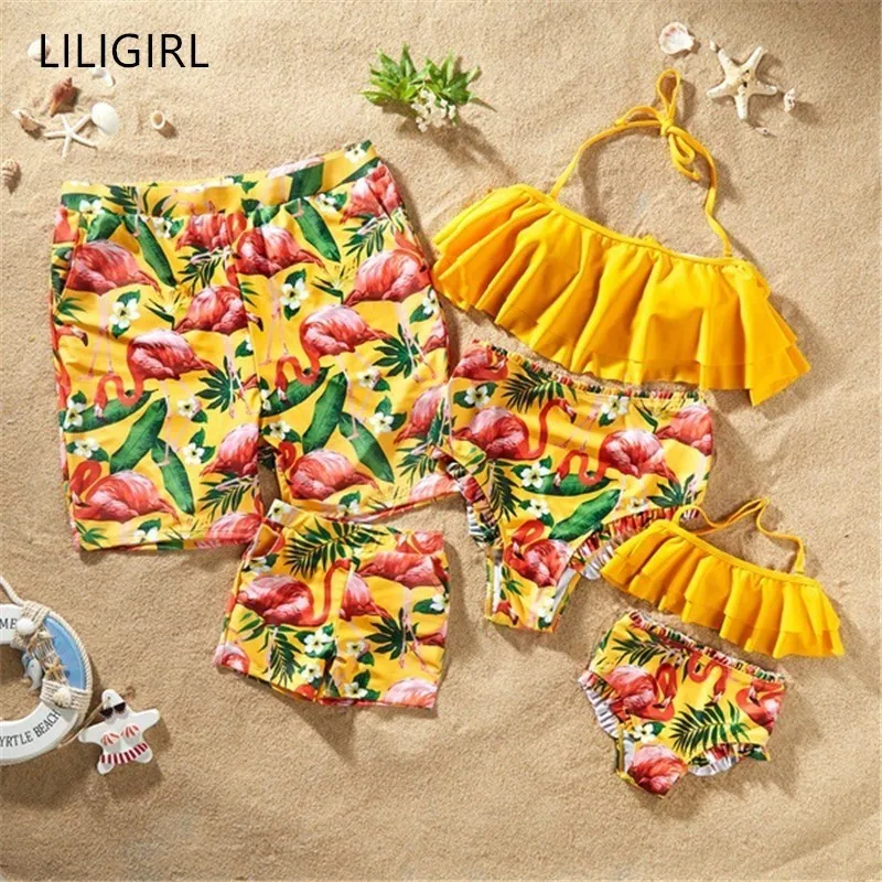 

LILIGIRL Family Matching Clothes Mommy Dad and Me Clothing Family Look The Sea Sling Ruffled Bikini Beach Swimwear Set