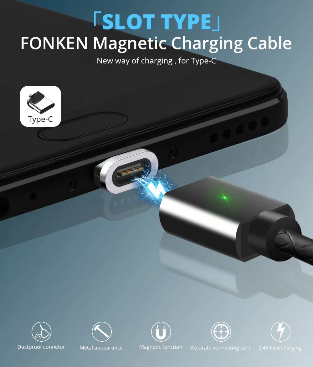 Магнитный кабель FONKEN type-C, USB C, быстрый USB кабель для зарядки телефона, Макс. A, мобильный магнит, type C, зарядный шнур, кабели для синхронизации и передачи данных