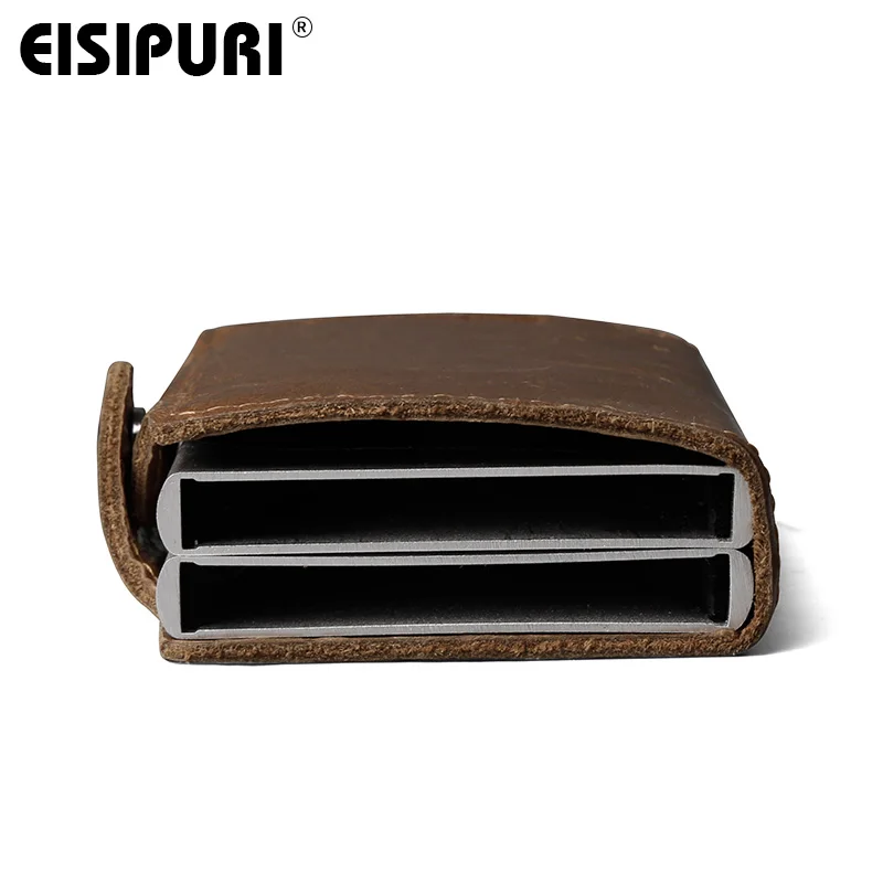 EISIPURI Men Genuine Leather double Metal Credit Card Holder Aluminium RFID Blocking Wallet Hasp Mini Vintage Wallet Hold Cards wallet card holder credit card holder
