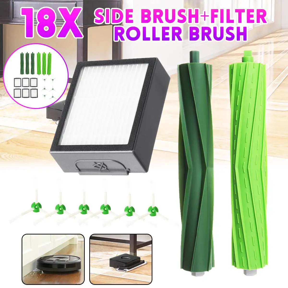 

18pcs set Side Brush + Hepa filter + Roller Brush Kit Household Vacuum Cleaner Accessories For iRobot-Roomba E5 E6 i7 i7+ Series