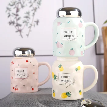 

Free shipping Berjaya 470ML Mirror Ceramic Mug Office Coffee Cute Cup Large Capacity Non-slip Fruit Pattern Tea Cup with Lid