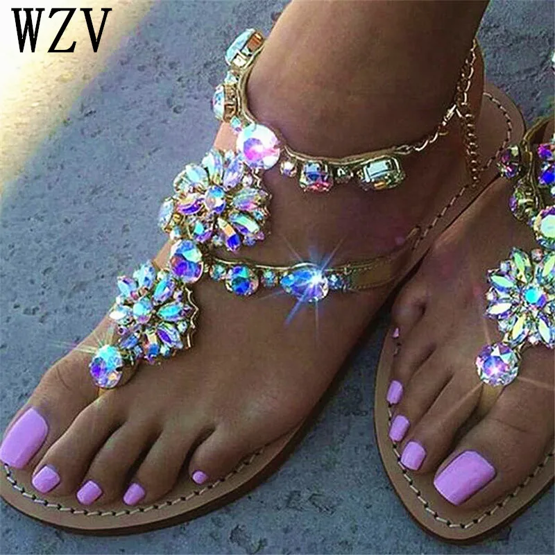 

2019 fashion Woman Sandals Women Shoes Rhinestones Roman flats sandals Gladiator Flat summer Sandals woman Plus Size 35-42 H11