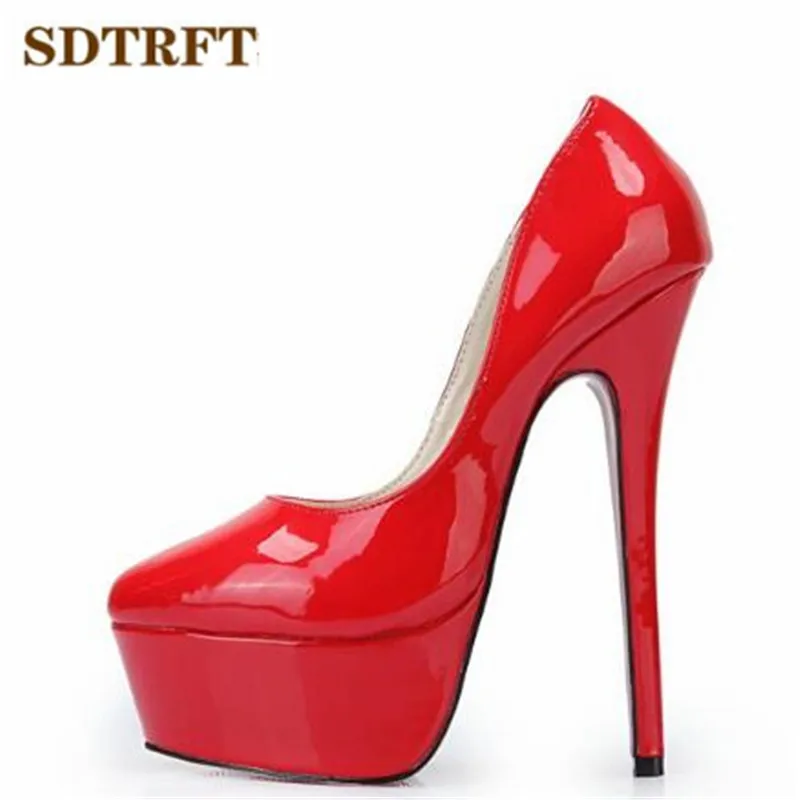 SDTRFT/Большие размеры: 44, 45, 46, 47, 48, весенние пикантные женские свадебные туфли на тонком каблуке 16 см из лакированной кожи с золотой подошвой Женские модельные туфли-лодочки - Цвет: Красный