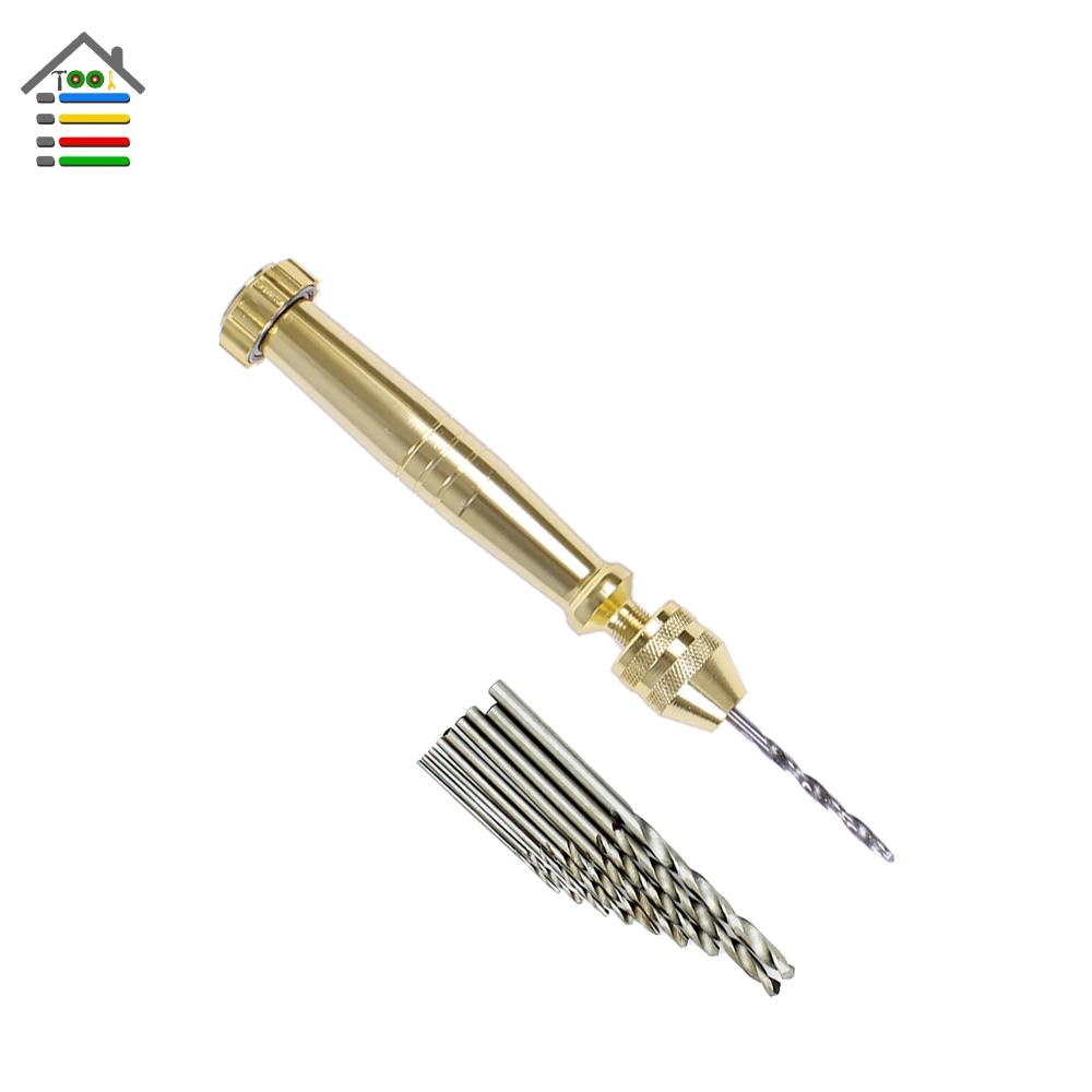 

New Mini Aluminum Hand Drill Drilling W/ Keyless Chuck and 10pc 0.5-3mm Twist Bit Model Hobby Carving Tool Golden Color