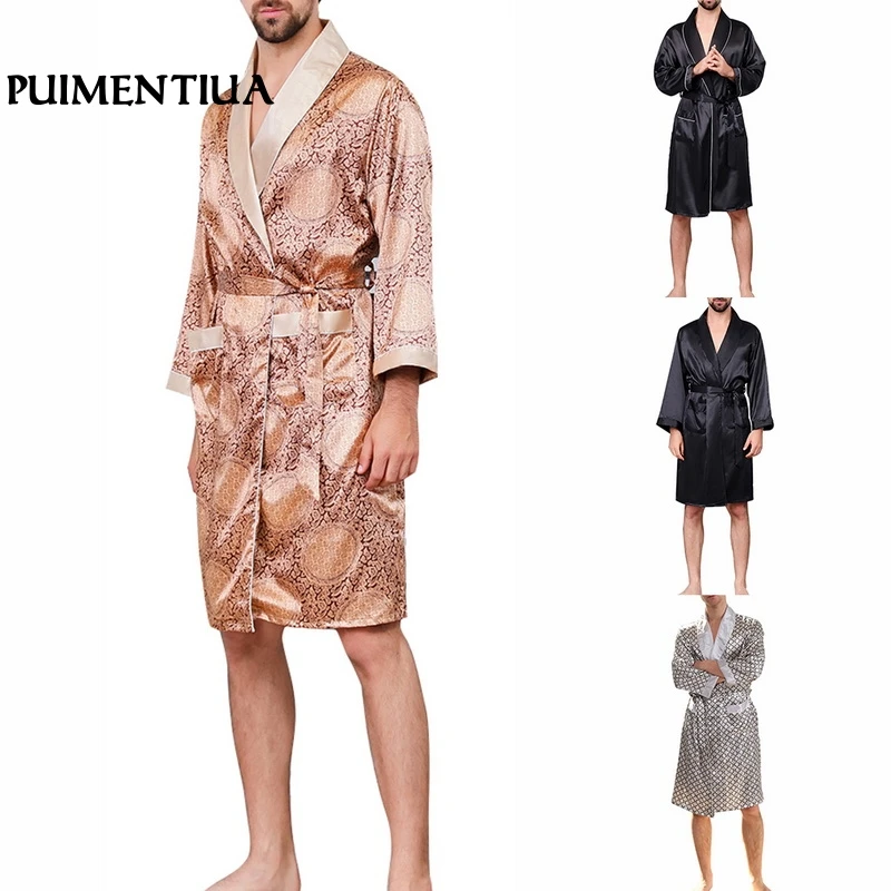 

Puimentiua 2019 Plus Size Men's Sleep Summer Luxurious Printed Nightgo Long-Sleeve Thin Soft Satin Nightgo Homewear Casual Night
