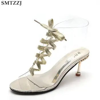 

SMTZZJ Luxury Brand Design Transparent Crystal Women Black Silver Shoes Sandals 8 CM High Heels Elegant Party Sandals 2019