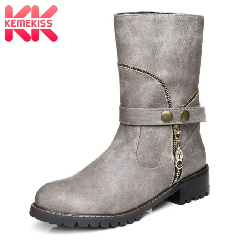 

KemeKiss New Woman Round Toe Low Heel Shoes Zapatos Mujer Women Botas Mid Calf Boots Riding Boots Ladies fashion Boot Size 30-47