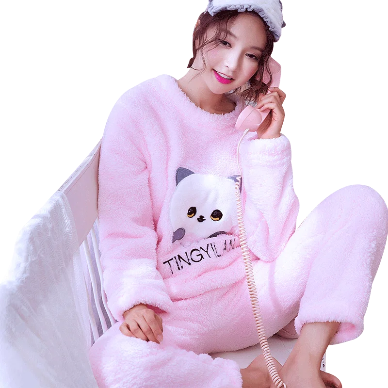 

Женские пижамы, 2 шт., толстая фланелевая одежда для сна, женская модная одежда для сна для отдыха, пуловер с длинным рукавом, домашняя одежда из кораллового флиса, женская одежда