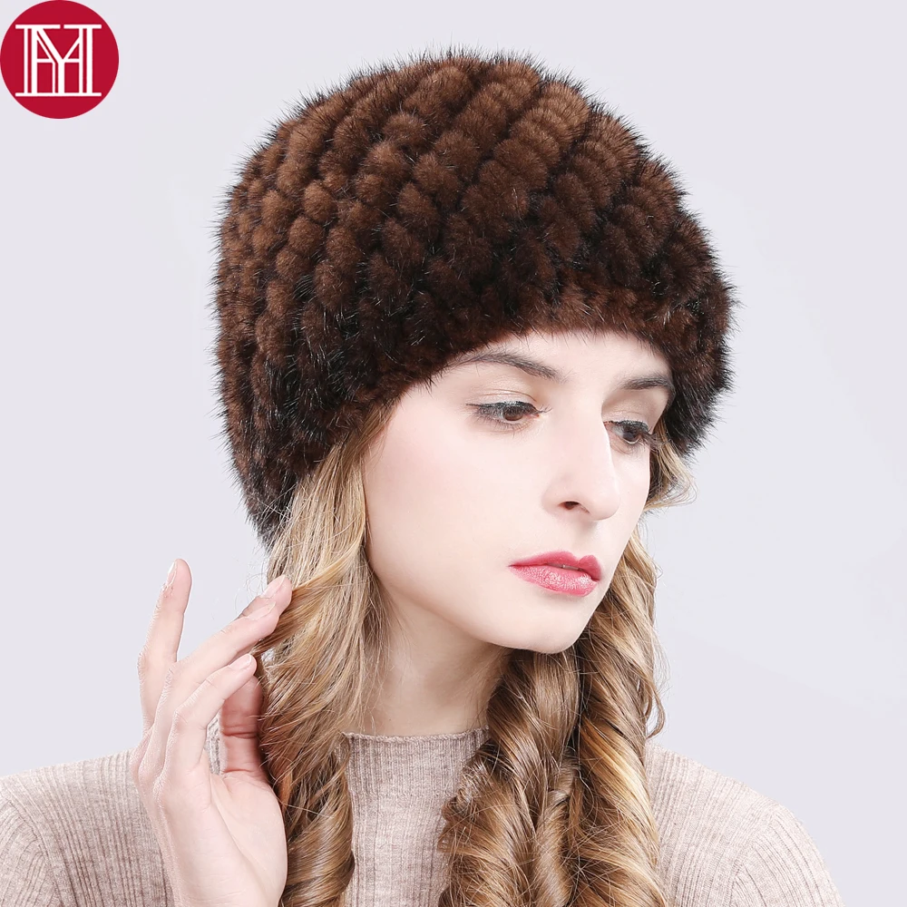 Горячая зимняя шапка из натурального меха норки Женская хорошая эластичная вязаная натуральная шапочки с мехом норки шапка женская толстая шапка из натурального меха норки