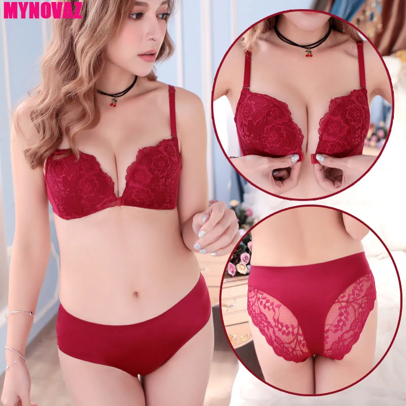 MYNOVAZ Women's Sexy Underwear Gather Front Buckle Sexy Lace Bras Set